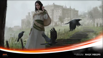 HD PC wallpaper featuring Liliana Heretical Healer, a Planeswalker from Magic Origins in Magic: The Gathering, standing near a castle with crows flying around her.