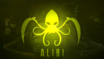 A striking 8K Ultra HD wallpaper featuring the Alibi emblem from Tom Clancy's Rainbow Six: Siege, showcasing a vibrant yellow octopus design against a dark backdrop.