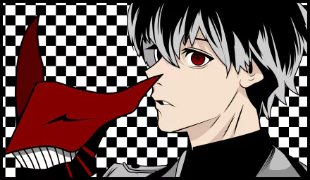 5K Ultra HD PC wallpaper of Ken Kaneki / Haise Sasaki from Tokyo Ghoul:re — profile with split black-and-white hair and a red ghoul mask tongue over a checkerboard background.