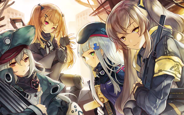 HD PC desktop wallpaper featuring G11, HK416, UMP45, and UMP9 from the video game Girls Frontline in a dynamic, detailed anime-style artwork.