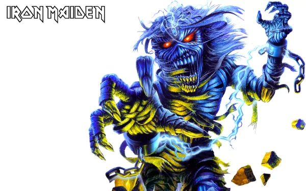 A vibrant HD desktop wallpaper featuring iconic Iron Maiden artwork, showcasing a colorful, electrifying creature surrounded by dynamic elements.