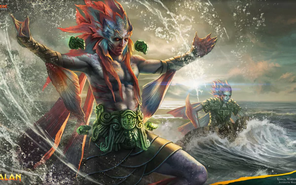 HD desktop wallpaper featuring Kopala, Warden of Waves, a Merfolk wizard from Ixalan in Magic: The Gathering, commanding the ocean waves with dynamic water effects.