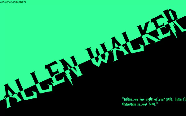 8K Ultra HD PC desktop wallpaper: neon green and black diagonal split with jagged ALLEN WALKER typography and a small quote text in the corner; anime D.Gray-man.