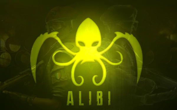 A striking 8K Ultra HD wallpaper featuring the Alibi emblem from Tom Clancy's Rainbow Six: Siege, showcasing a vibrant yellow octopus design against a dark backdrop.
