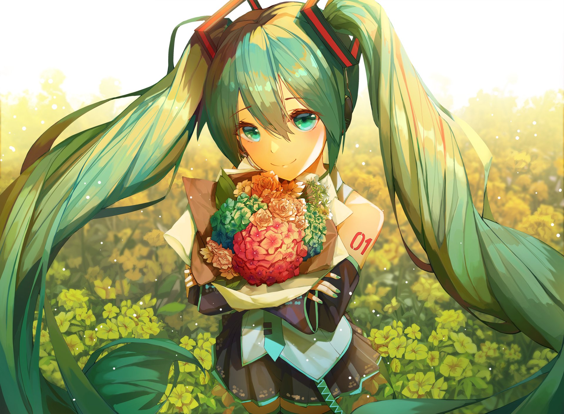 HD anime wallpaper featuring Hatsune Miku, the iconic Vocaloid, holding a colorful bouquet in a sunlit field, blending vibrant colors with detailed character art.