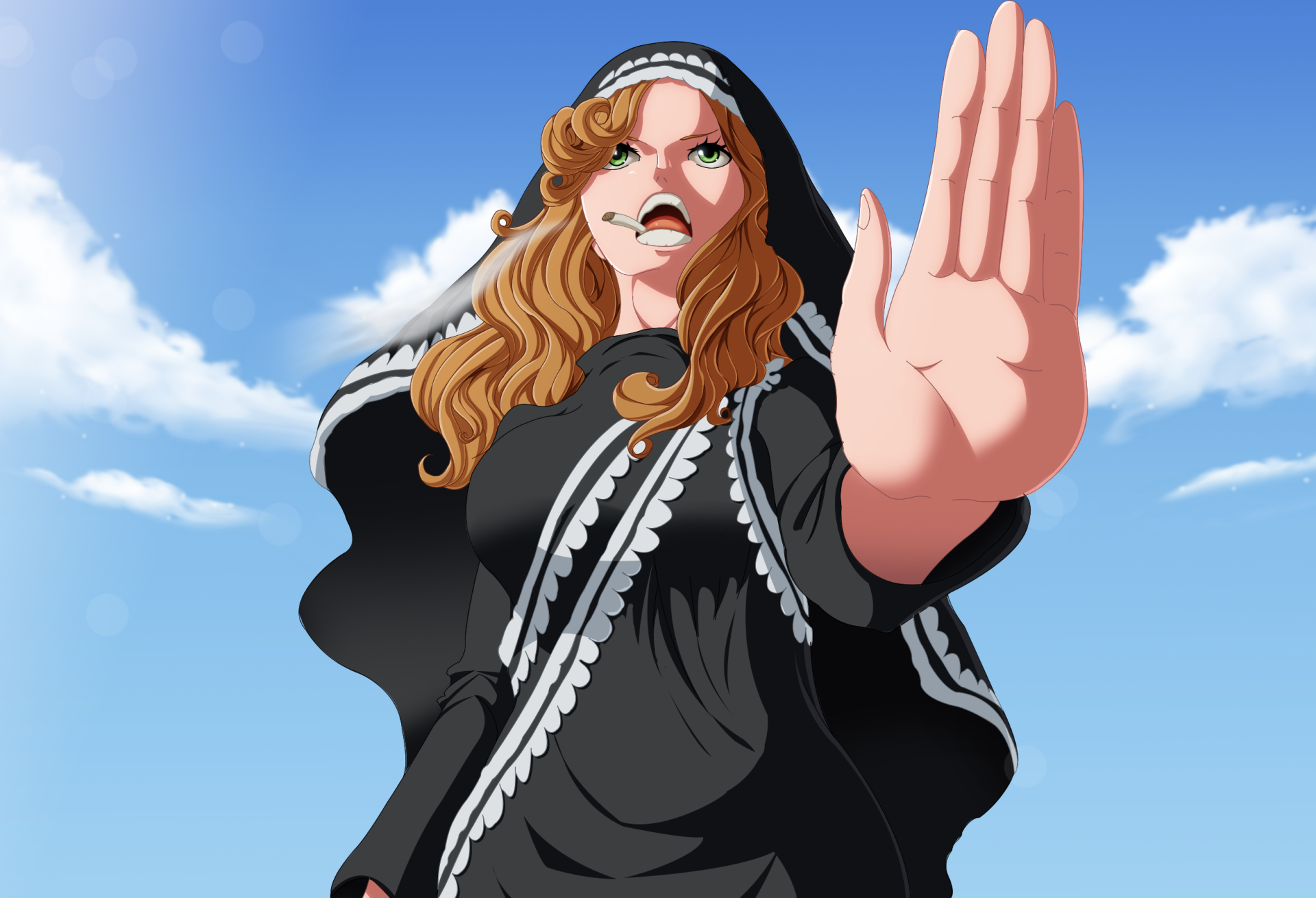 Mother Caramel from One Piece — anime HD PC desktop wallpaper/background: low-angle shot of her in a black cloak, hand extended, curled hair and fierce expression against a bright blue sky.