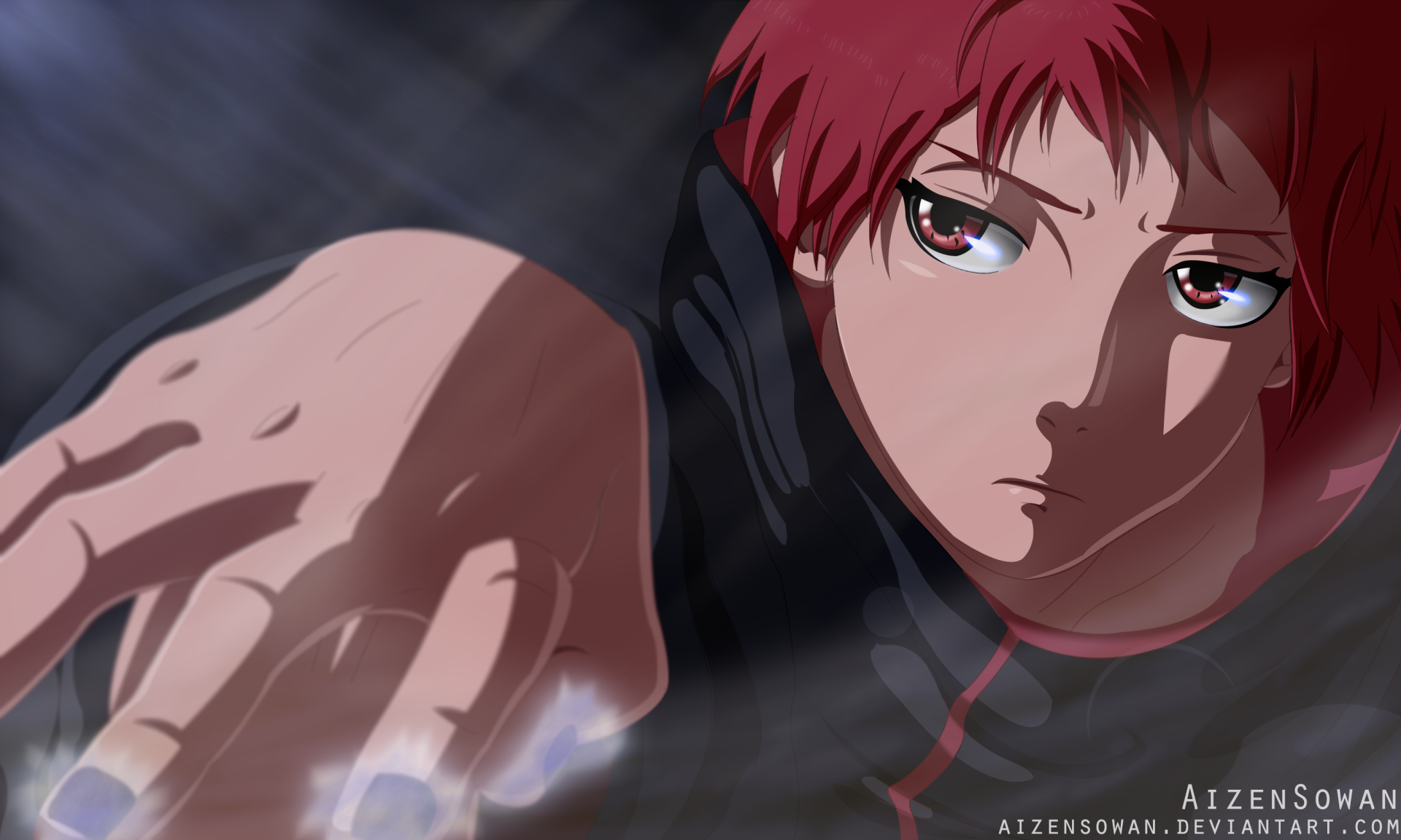HD anime wallpaper featuring Sasori from Naruto, with a focused expression and dynamic motion blur effects, designed as a PC desktop background.