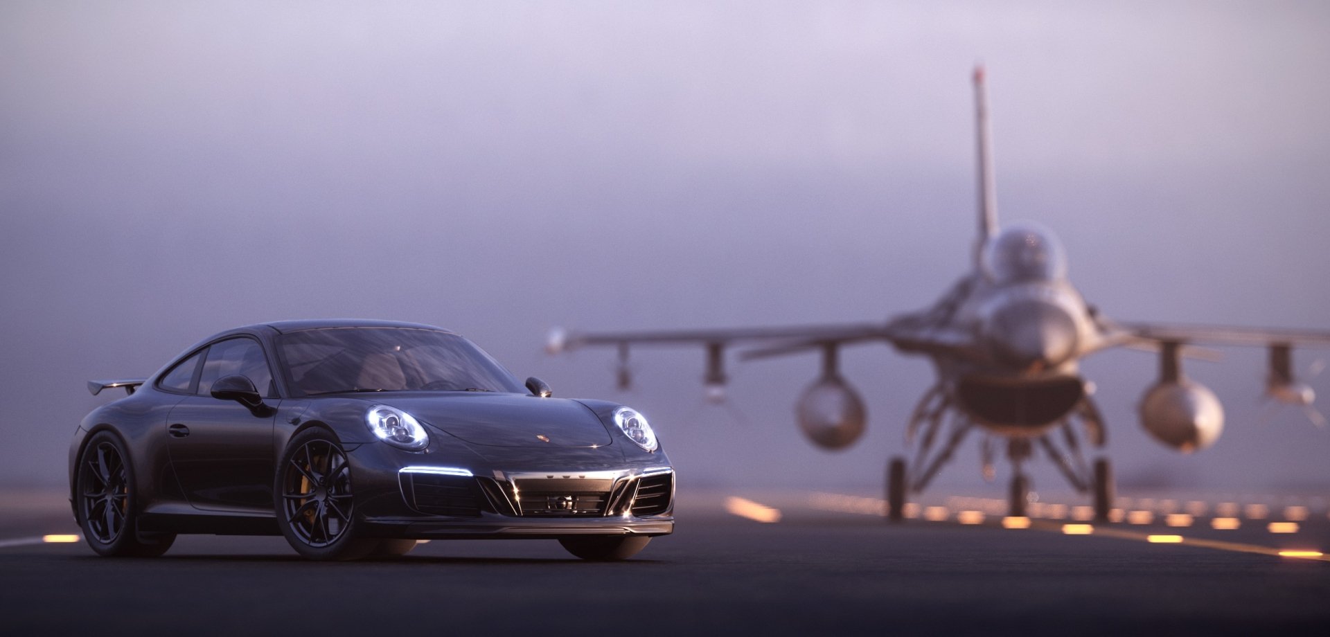 Black Porsche 911 Carrera T on a runway with a fighter jet in the background — sleek vehicle HD PC desktop wallpaper.