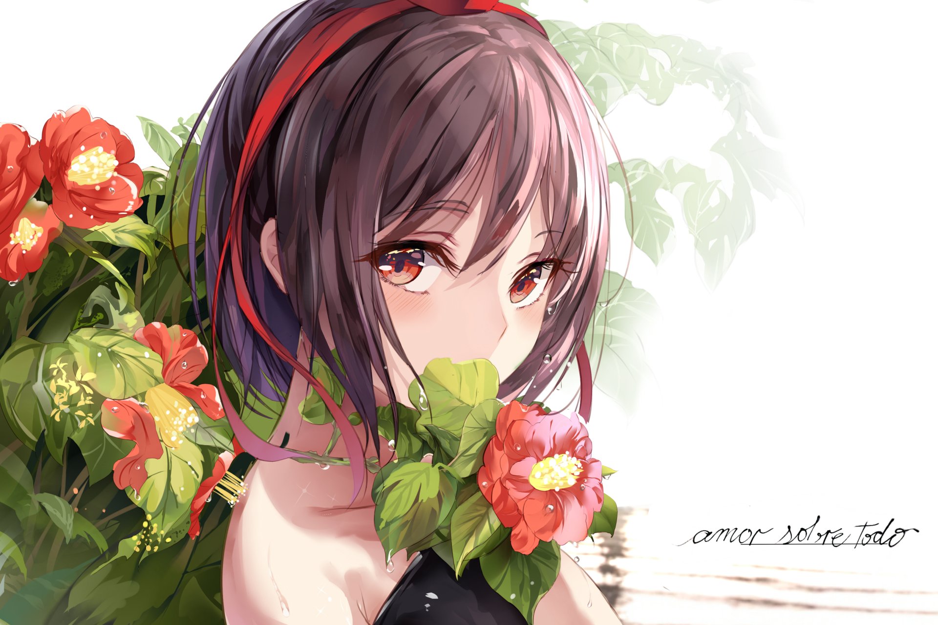 HD anime desktop wallpaper featuring Aya Shameimaru from Touhou, surrounded by vibrant red flowers and green foliage in a soft, detailed art style.