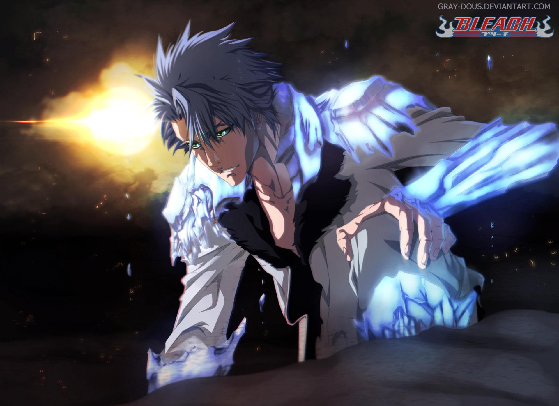 HD PC desktop wallpaper featuring Tōshirō Hitsugaya from the anime Bleach, showcasing his intense expression and icy powers in a dynamic scene.