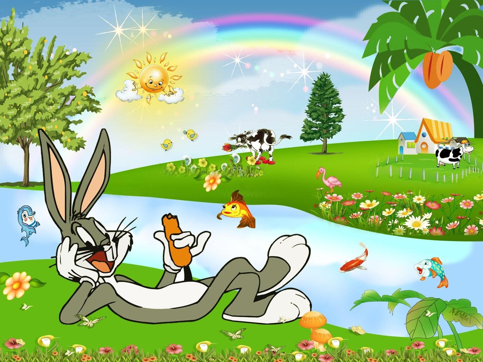 HD PC desktop wallpaper featuring Bugs Bunny and other Looney Tunes characters in a colorful cartoon landscape with a rainbow, sun, and vibrant greenery.