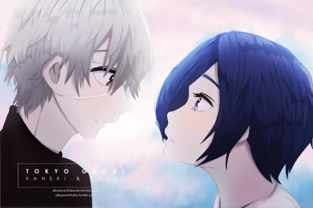 HD anime wallpaper featuring Touka Kirishima and Ken Kaneki from Tokyo Ghoul:re, showcasing a close, emotional moment with soft pastel background hues.