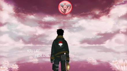 HD PC desktop wallpaper featuring Obito Uchiha from Naruto, standing against a dramatic pink and purple sky with the Uchiha clan symbol above.