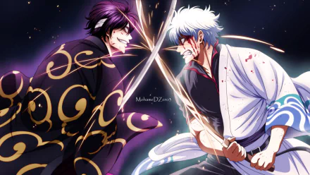 HD anime wallpaper featuring Shinsuke Takasugi and Gintoki Sakata from Gintama in a dramatic face-off with swords drawn against a dark, starry background.