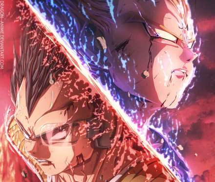 HD desktop wallpaper featuring Vegeta from Dragon Ball Z, split in half with fiery red and icy blue effects, capturing his intense and fierce expression. Vibrant and dynamic anime art.
