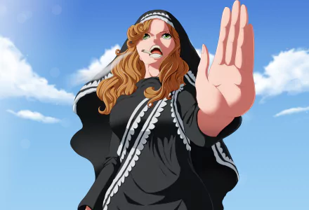 Mother Caramel from One Piece — anime HD PC desktop wallpaper/background: low-angle shot of her in a black cloak, hand extended, curled hair and fierce expression against a bright blue sky.