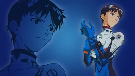 HD PC desktop wallpaper featuring Shinji Ikari from the anime Neon Genesis Evangelion, showcasing a detailed and vibrant character portrait against a blue background.