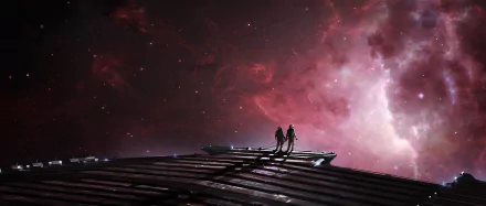 HD sci-fi desktop wallpaper featuring two astronauts standing on a futuristic structure, gazing at a vibrant, star-filled cosmic expanse.