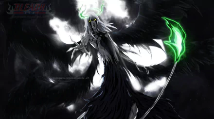 HD PC desktop wallpaper featuring Ulquiorra Cifer from the anime Bleach, depicted with dark wings, glowing green accents, and a dramatic, shadowy background.