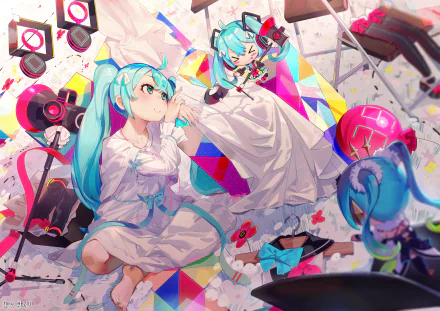 HD desktop wallpaper featuring anime character Hatsune Miku from Vocaloid in varying poses and outfits, set against a colorful and dynamic background.