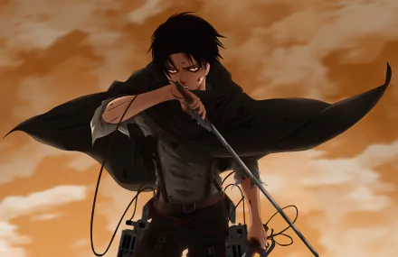 HD wallpaper featuring Levi Ackerman from Attack on Titan, with red eyes and black hair, holding a sword. The background is a fiery, dramatic sky, capturing an intense anime scene.