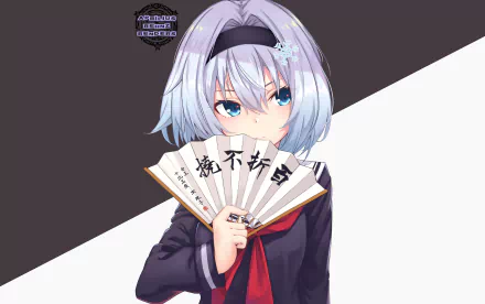 Anime character Ginko Sora from Ryuuou no Oshigoto! in a school uniform, with blue hair, blue eyes, and a hairpin, holding a fan. The image is an HD desktop wallpaper and background.