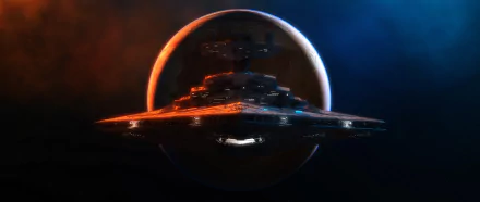 HD Sci-Fi desktop wallpaper featuring a Star Destroyer spaceship orbiting a planet in deep space, inspired by Star Wars.