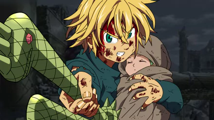 HD anime desktop wallpaper featuring Meliodas holding a baby with Elizabeth Liones in the background from The Seven Deadly Sins series.