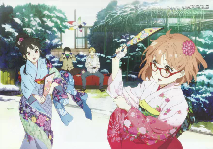 Anime characters Mitsuki Nase, Hiroomi Nase, Akihito Kanbara, and Mirai Kuriyama, featuring varied hair colors and styles, play together in a snowy garden, dressed in traditional outfits. Tags: Beyond the Boundary.
