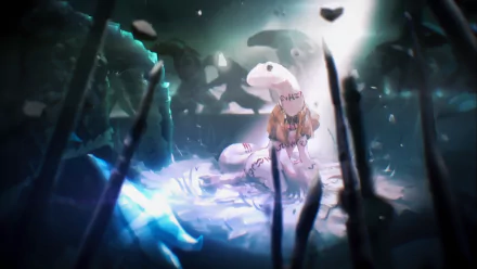 HD desktop wallpaper featuring Crusch Lulu from the anime Overlord, depicting a serene scene with Crusch sitting amidst a mystical, dimly lit environment.