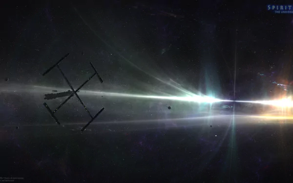 HD sci-fi desktop wallpaper depicting a distant planet and its satellite with bright space light beams cutting across the dark cosmic background.