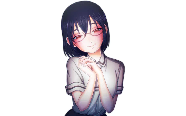 Asobi Asobase HD PC wallpaper: blushing girl with glasses, short dark hair, clasping hands and smiling on a white background.