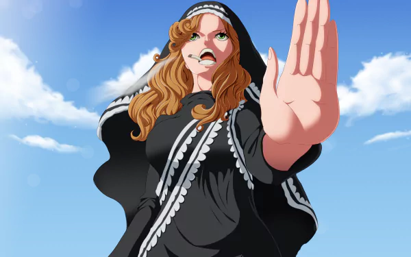 Mother Caramel from One Piece — anime HD PC desktop wallpaper/background: low-angle shot of her in a black cloak, hand extended, curled hair and fierce expression against a bright blue sky.