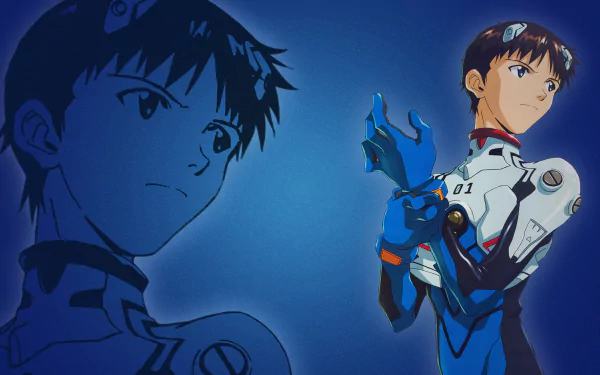 HD PC desktop wallpaper featuring Shinji Ikari from the anime Neon Genesis Evangelion, showcasing a detailed and vibrant character portrait against a blue background.