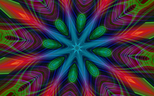 Vibrant psychedelic kaleidoscope pattern with colorful abstract shapes radiating symmetrically, designed as an HD PC desktop wallpaper and background.