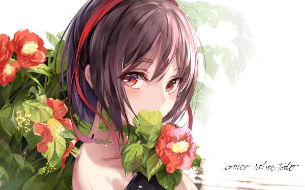 HD anime desktop wallpaper featuring Aya Shameimaru from Touhou, surrounded by vibrant red flowers and green foliage in a soft, detailed art style.