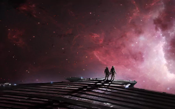 HD sci-fi desktop wallpaper featuring two astronauts standing on a futuristic structure, gazing at a vibrant, star-filled cosmic expanse.