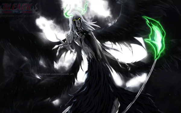 HD PC desktop wallpaper featuring Ulquiorra Cifer from the anime Bleach, depicted with dark wings, glowing green accents, and a dramatic, shadowy background.