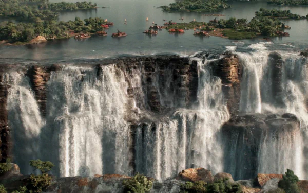 HD desktop wallpaper featuring a stunning waterfall scene from the movie Black Panther, set in the fictional nation of Wakanda.