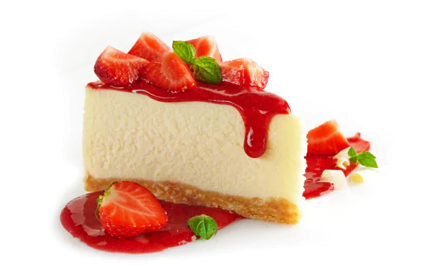 A slice of creamy cheesecake topped with vibrant strawberry jam and fresh strawberry pieces, presented as a 4K Ultra HD desktop wallpaper and food dessert background.