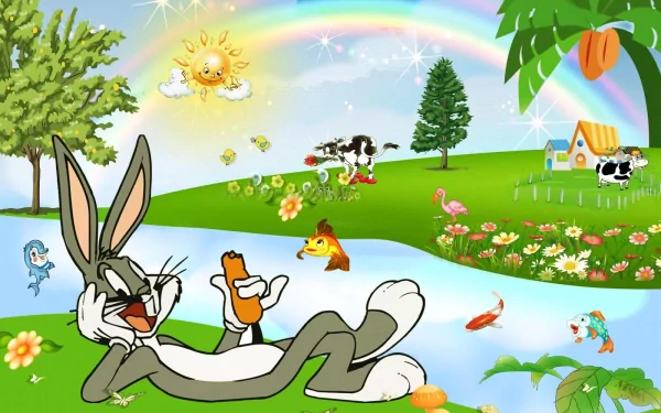 HD PC desktop wallpaper featuring Bugs Bunny and other Looney Tunes characters in a colorful cartoon landscape with a rainbow, sun, and vibrant greenery.