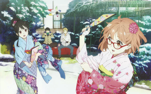 Anime characters Mitsuki Nase, Hiroomi Nase, Akihito Kanbara, and Mirai Kuriyama, featuring varied hair colors and styles, play together in a snowy garden, dressed in traditional outfits. Tags: Beyond the Boundary.