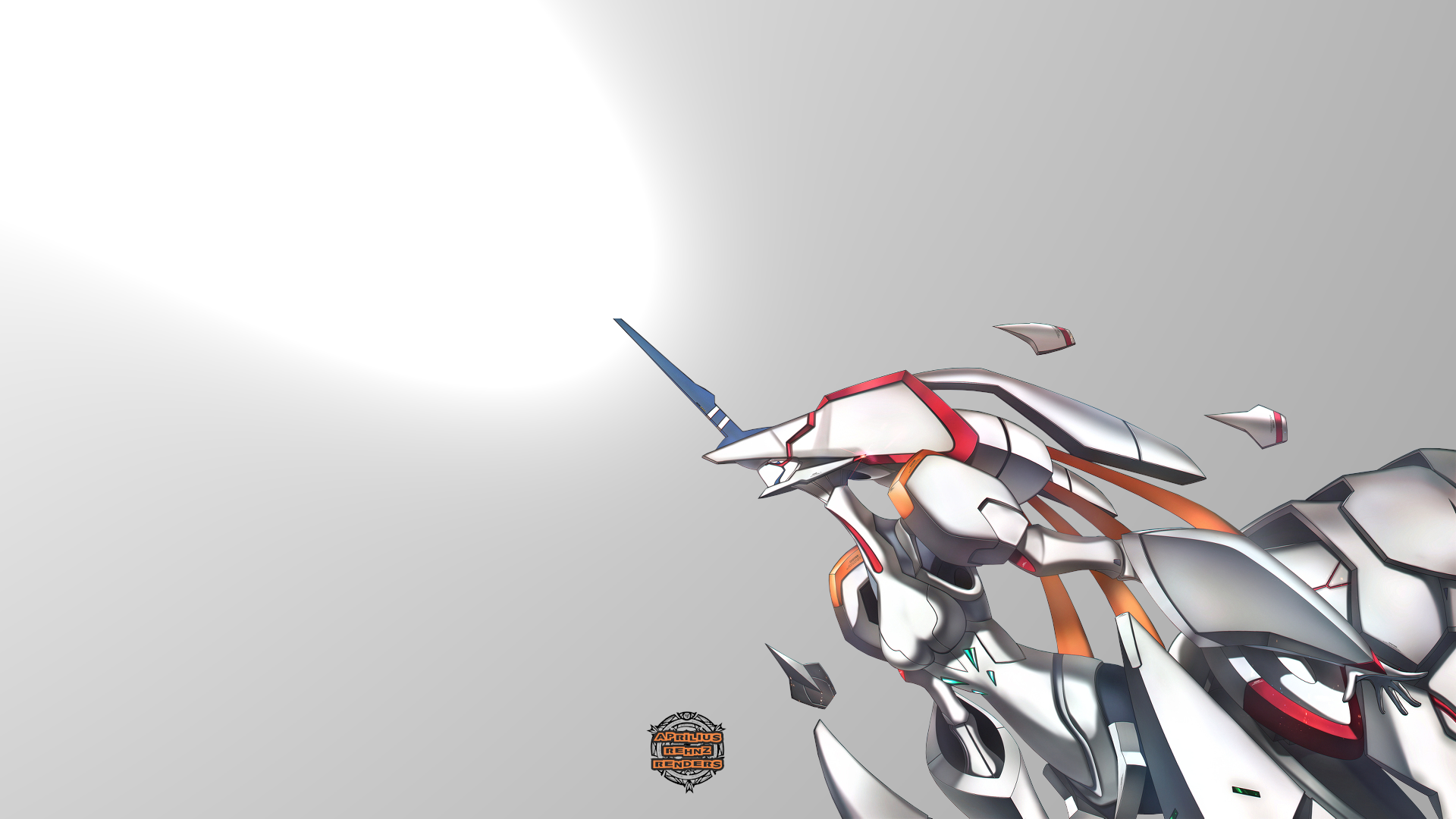 HD PC desktop wallpaper featuring a sleek mecha from the anime Darling in the FranXX against a minimalistic bright background.