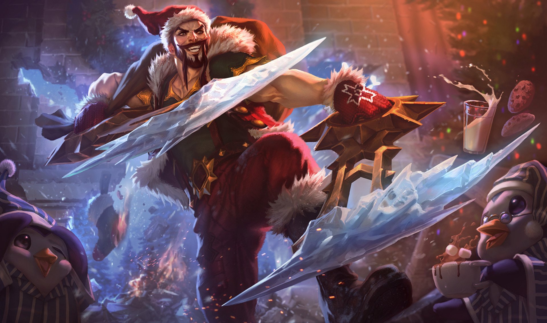 HD PC desktop wallpaper featuring Draven from League of Legends, depicted in a dynamic action pose with icy blades in a festive, vibrant scene.