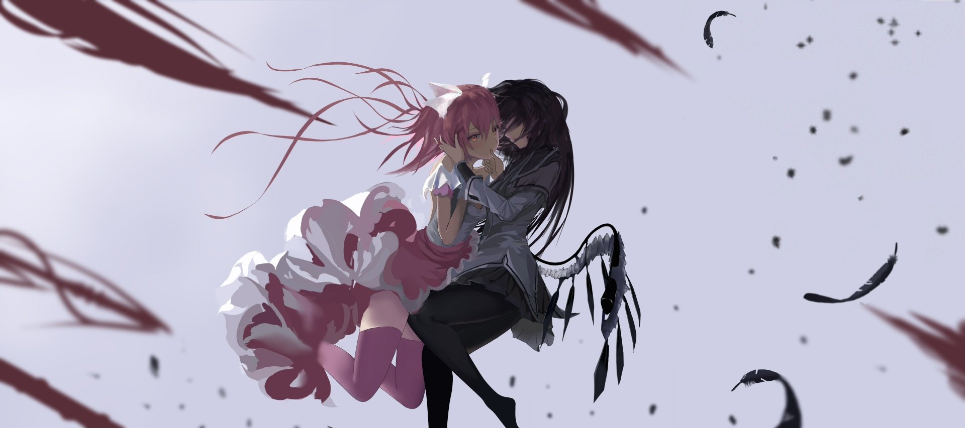 4K Ultra HD PC wallpaper featuring Madoka Kaname and Homura Akemi from the anime Puella Magi Madoka Magica in an emotional embrace against a soft background.