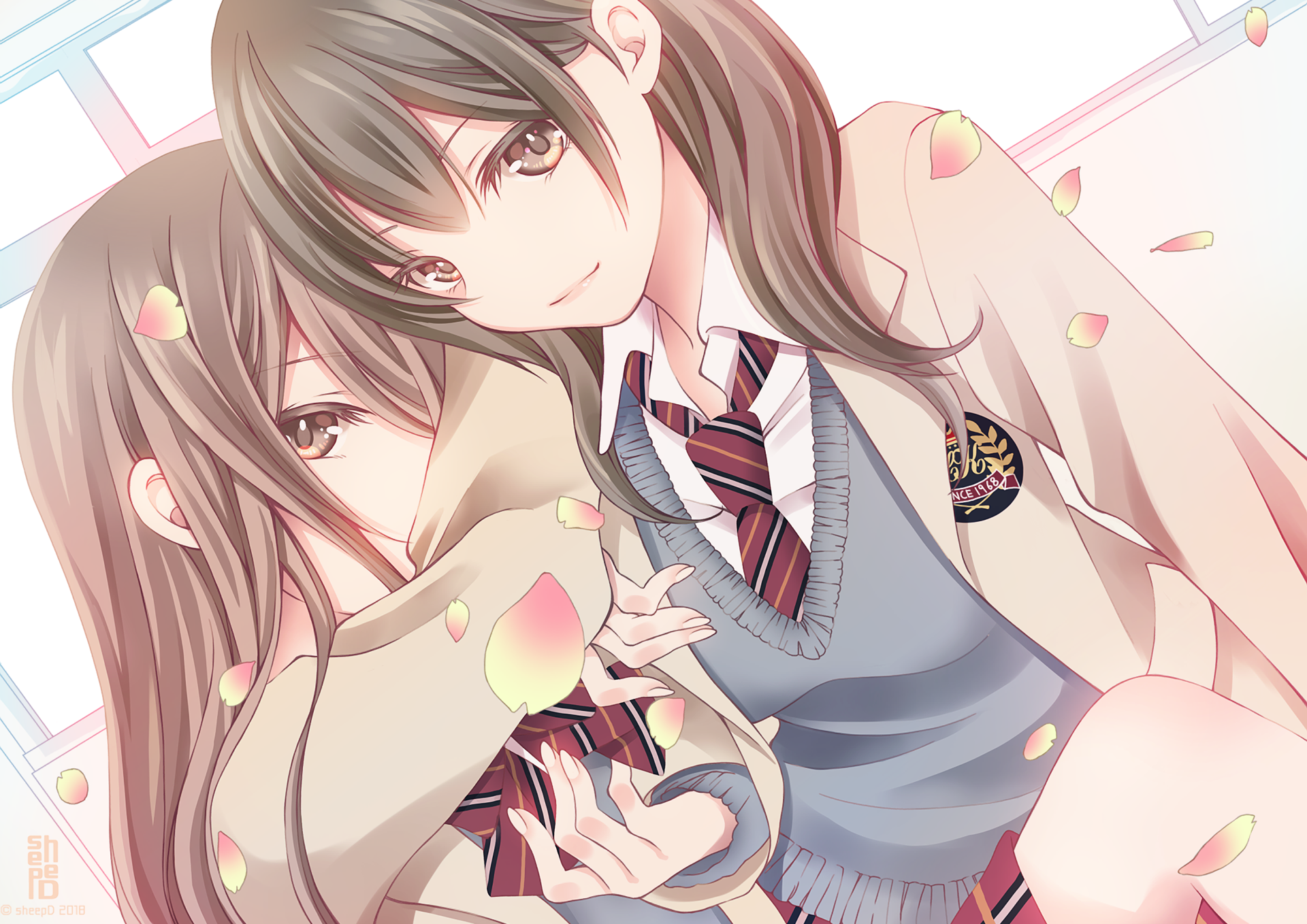 HD anime-style original artwork featuring two schoolgirls in uniforms surrounded by falling petals, designed as a PC desktop wallpaper and background.
