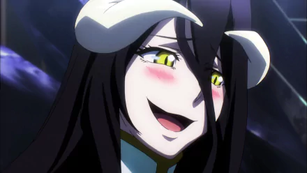 HD anime desktop wallpaper featuring Albedo from Overlord with her signature horns, glowing yellow eyes, and a mischievous smile.