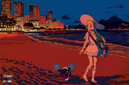 Lillie and Cosmog from Pokémon: Sun and Moon stand on a beach at sunset with a city skyline in the background, featured in a HD PC desktop wallpaper.