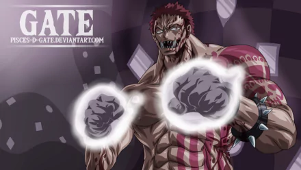 HD PC desktop wallpaper featuring Charlotte Katakuri from the anime One Piece, showcasing his fierce expression and glowing, powerful fists.