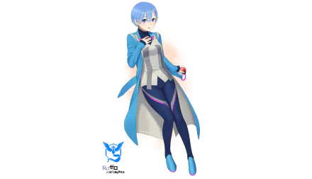 HD PC desktop wallpaper: Rem (Re:Zero — Starting Life in Another World) anime character in a blue coat holding a Poké Ball, Pokémon Go crossover on a white background.